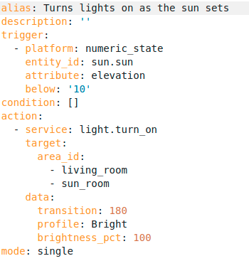 YAML to turn on a couple of lights when the sun is less than 10% from the horizon